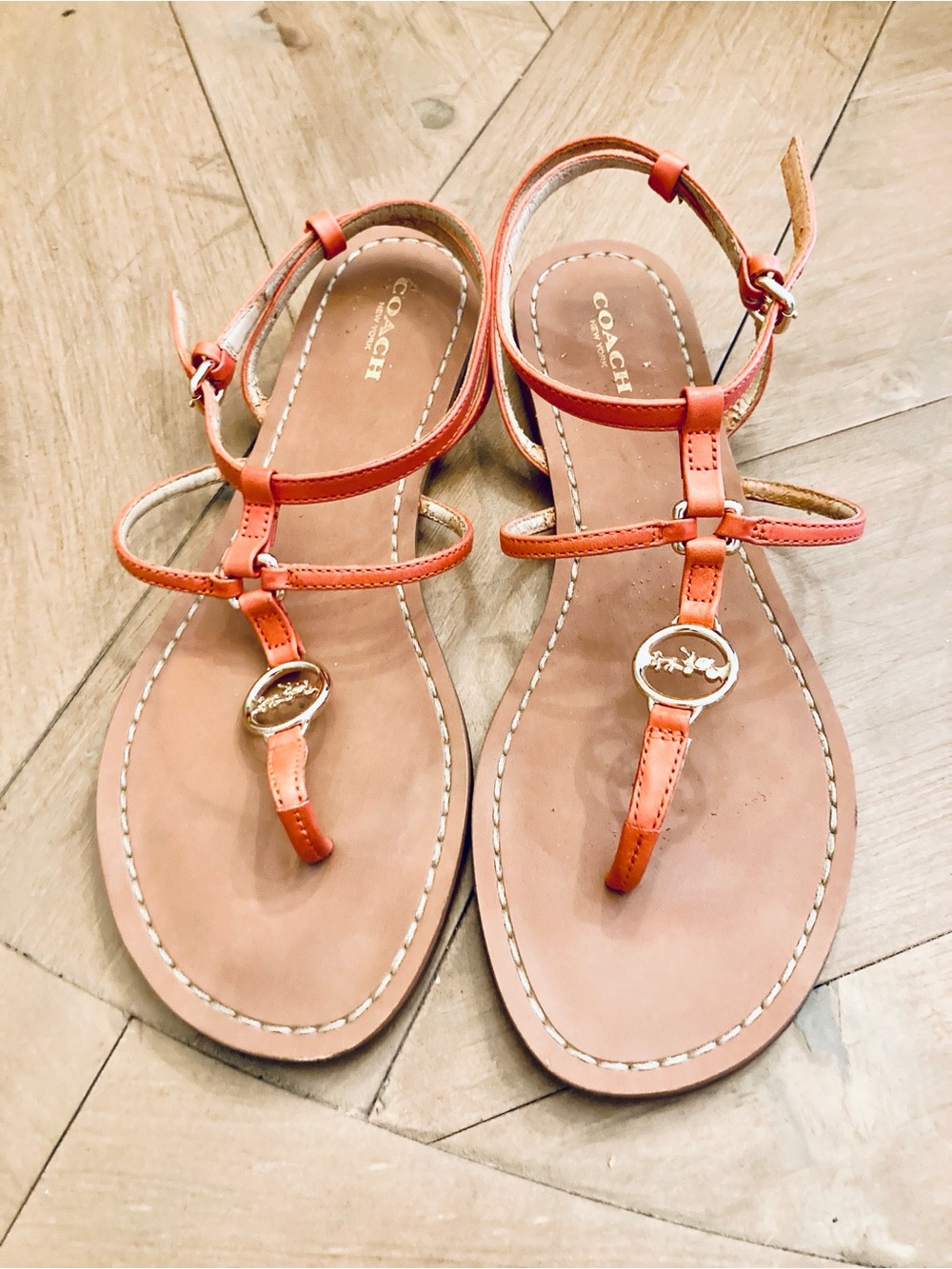 Coach Cicily T-Strap Orange Leather Sandals with Gold Accent - Picture 2 of 7